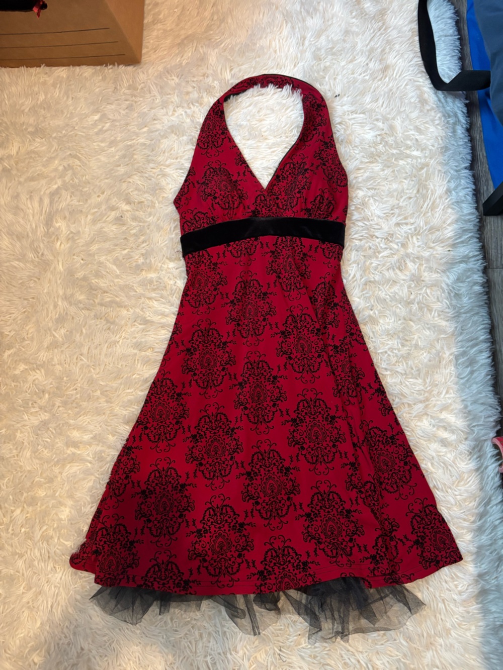 Red and Black Patterned Fit-and-Flare Dress